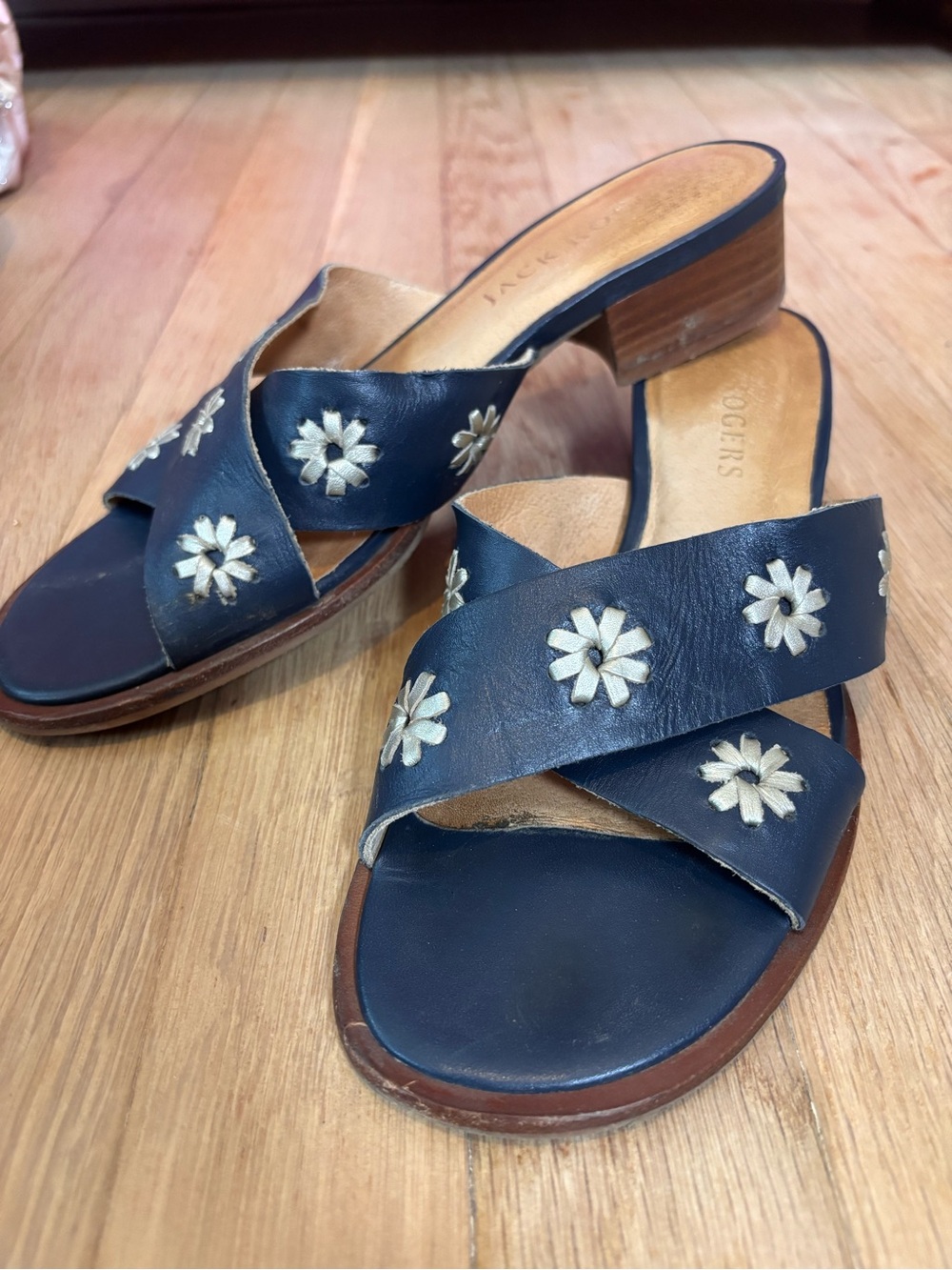 Jack Rogers Navy Leather Floral Cutout Slide Mule Sandals Block Heel Size 8.5